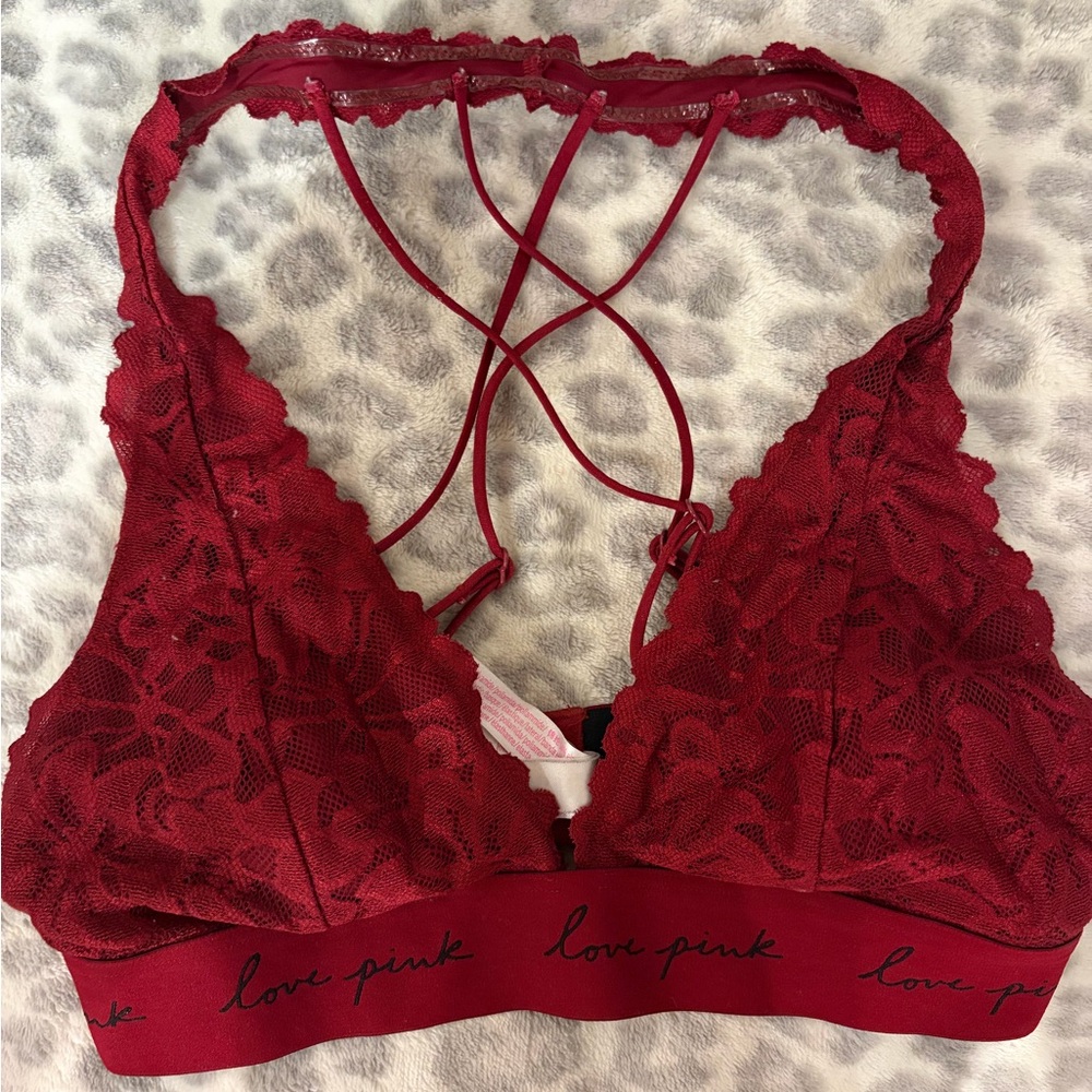 PINK Victoria’s Secret Small Burgundy Lace Halter Bralette Logo Band Love Pink